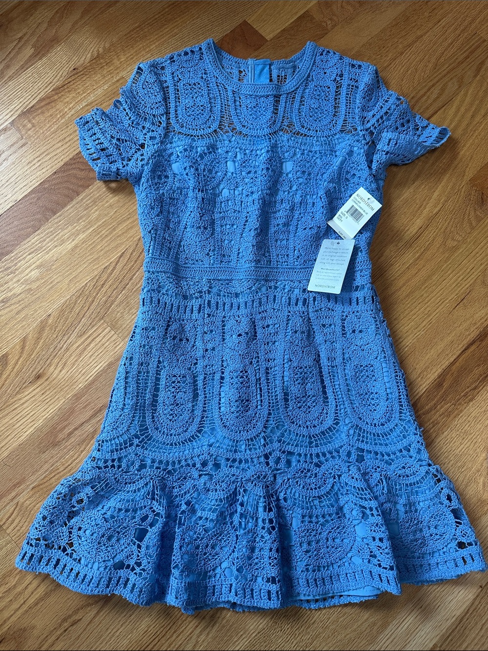 Saylor Womens Blue Crochet Lace Short Sleeve Dress
